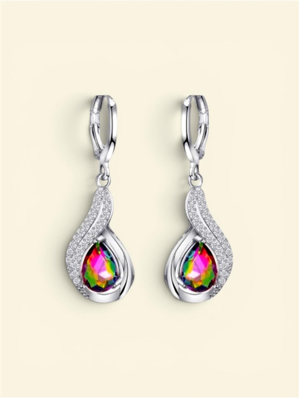 Mystic Rainbow Crystal Teardrop Dangle Earrings Silver Tone